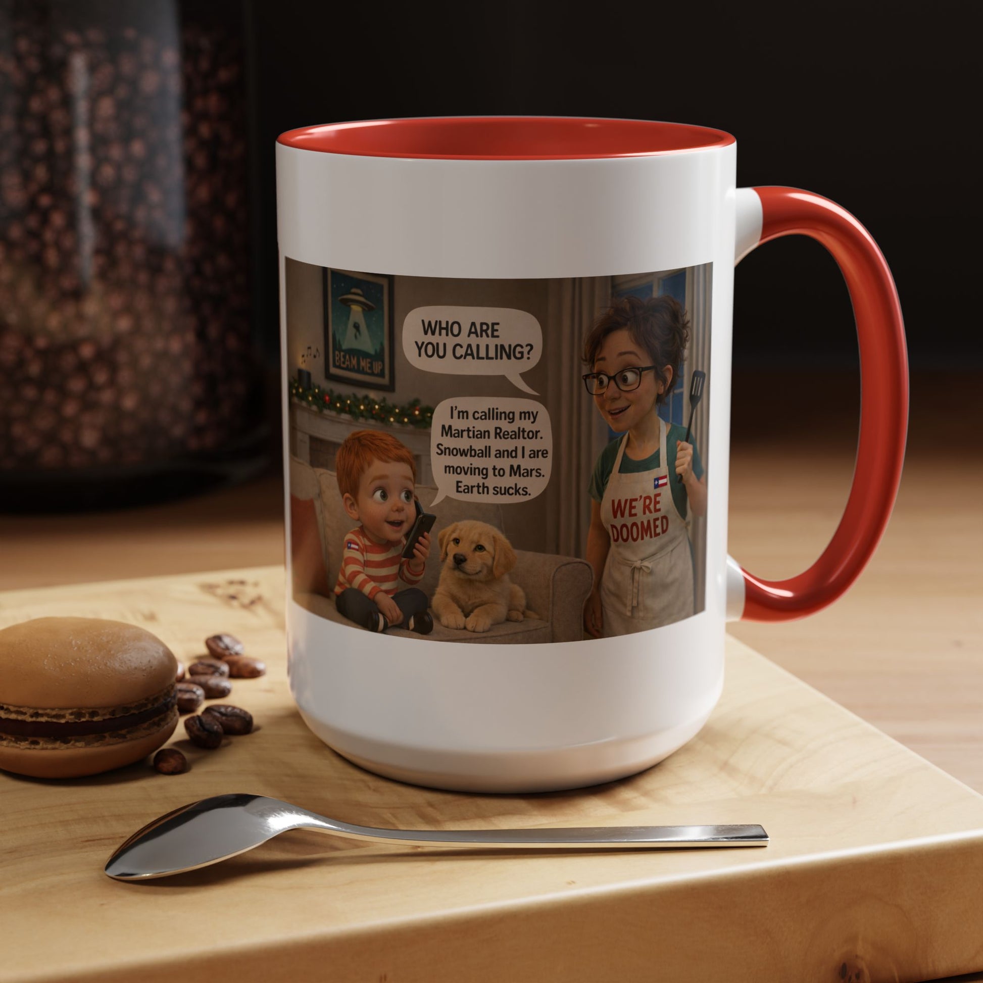Dog Accent Coffee Mug —Funny Cartoon 'We're Doomed' White Mom and Son (15oz) - Chubby Little Cheeks Co.