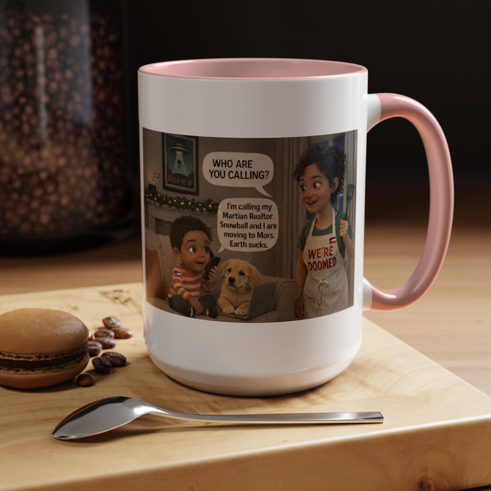 Dog Accent Coffee Mug — 'We're Doomed' Funny Latin Mom and Son Cartoon Accent Mug (15oz) - Chubby Little Cheeks Co.