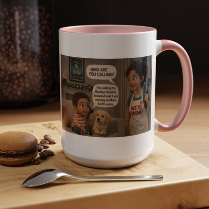 Dog Accent Coffee Mug — 'We're Doomed' Funny Latin Mom and Son Cartoon Accent Mug (15oz) - Chubby Little Cheeks Co.