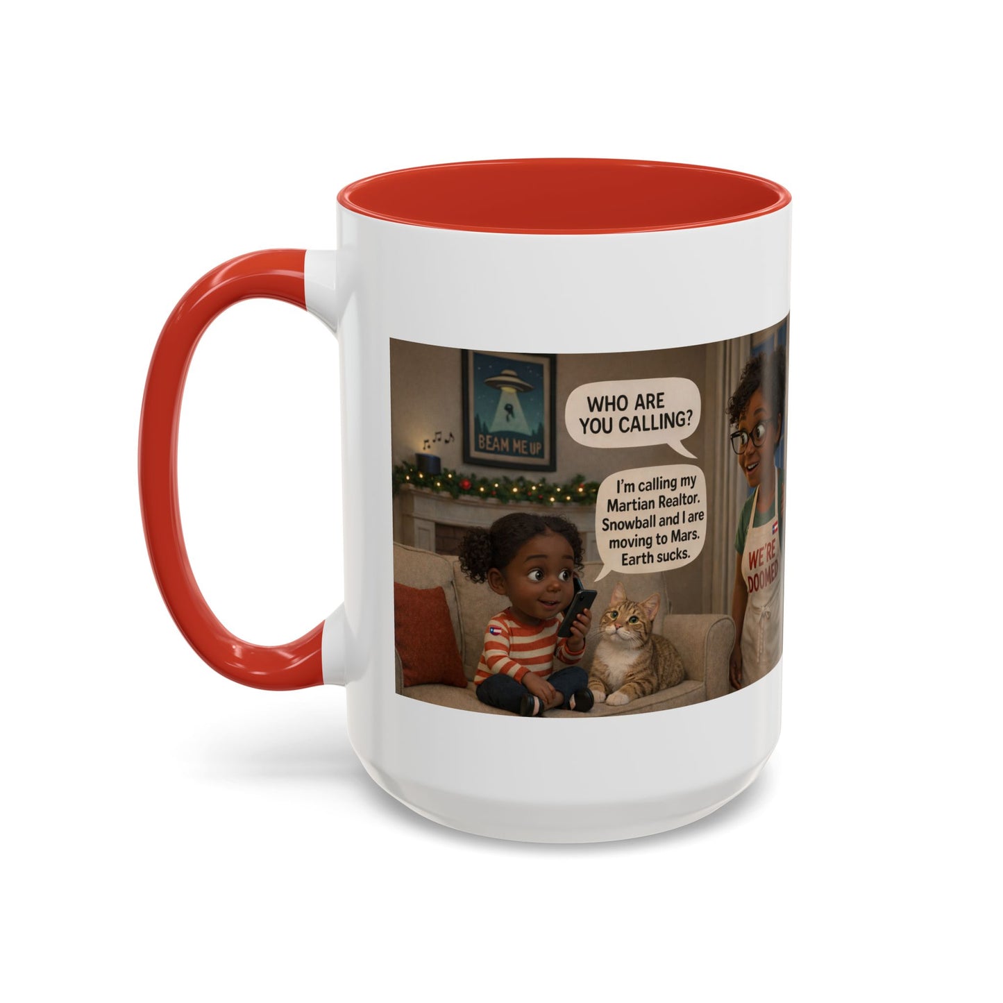 Cat Accent Coffee Mug – “We’re Doomed” Funny Black Mom and Daughter Accent Mug (15 oz) - Chubby Little Cheeks Co.