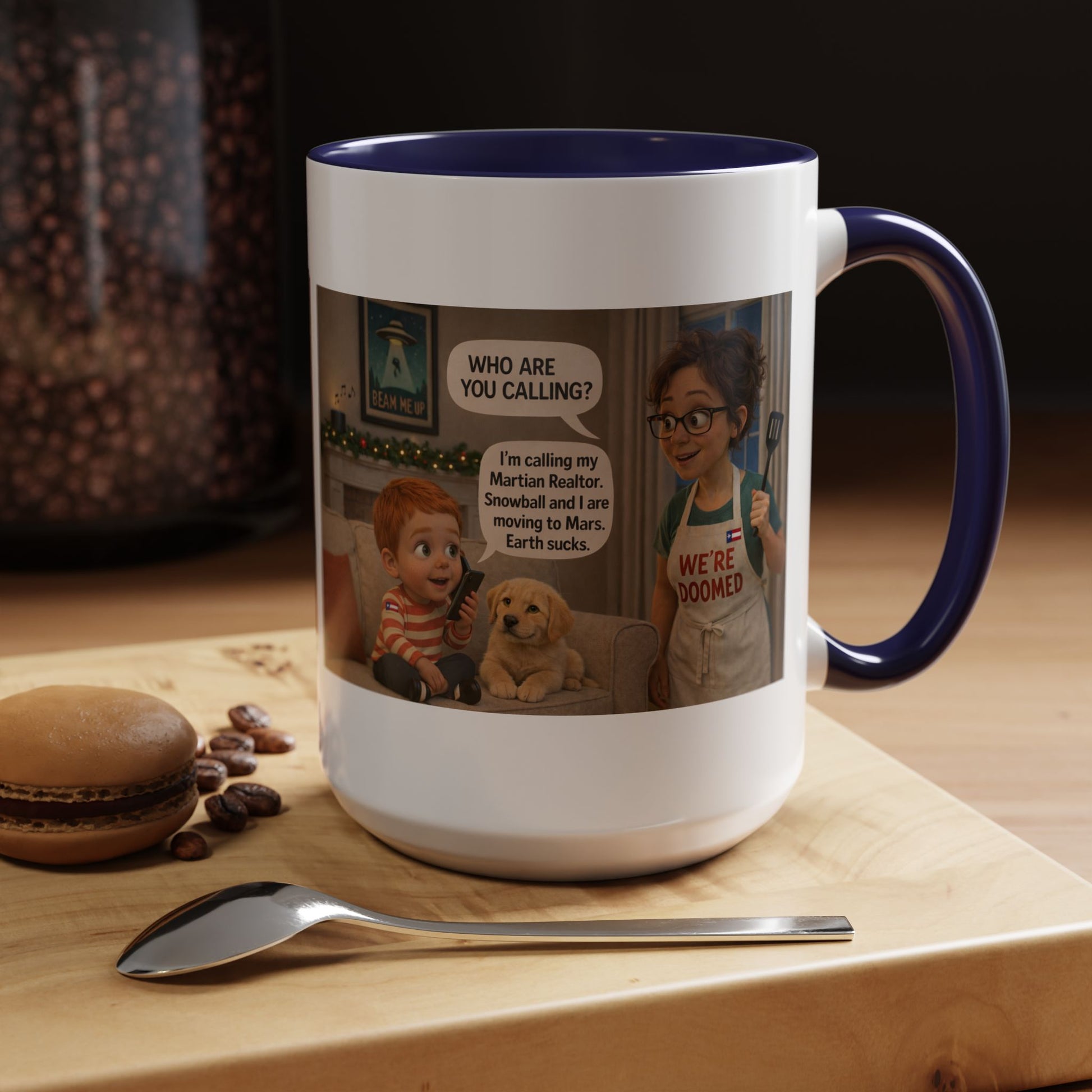 Dog Accent Coffee Mug —Funny Cartoon 'We're Doomed' White Mom and Son (15oz) - Chubby Little Cheeks Co.