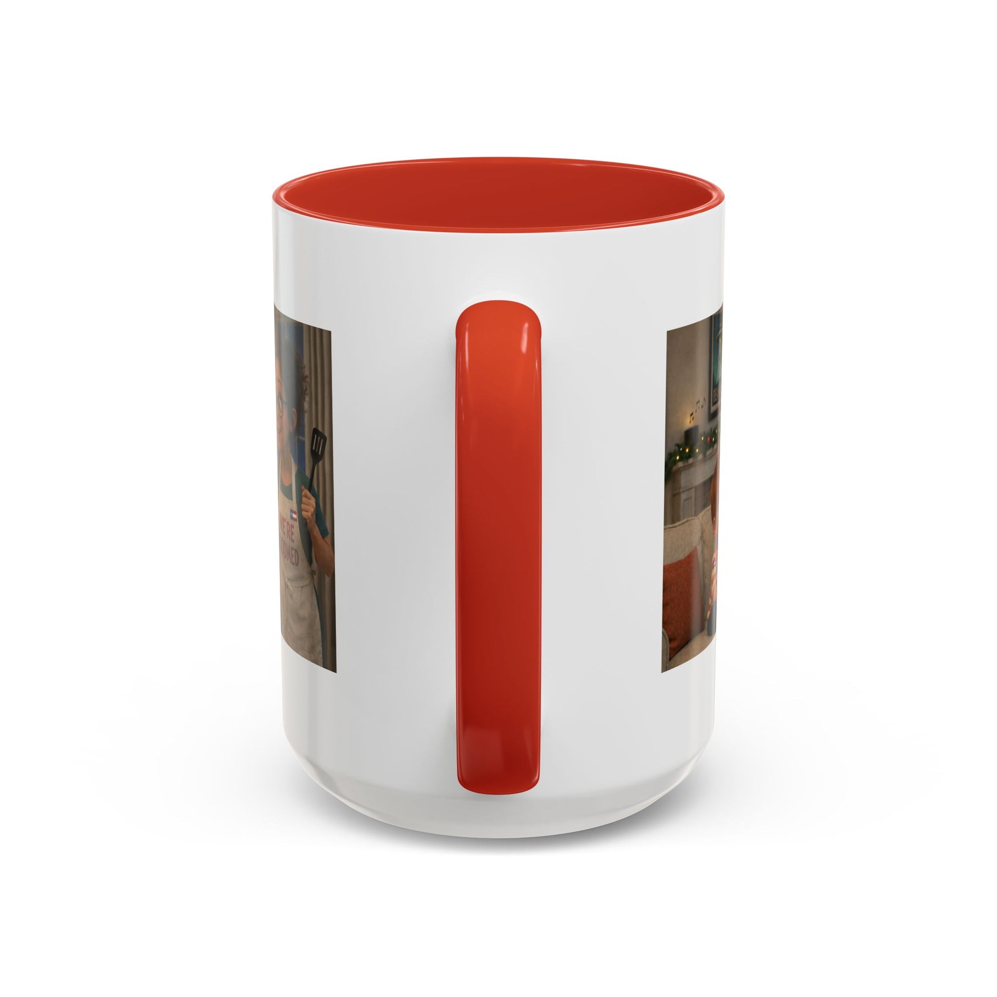 Dog Accent Coffee Mug —Funny Cartoon 'We're Doomed' White Mom and Son (15oz) - Chubby Little Cheeks Co.
