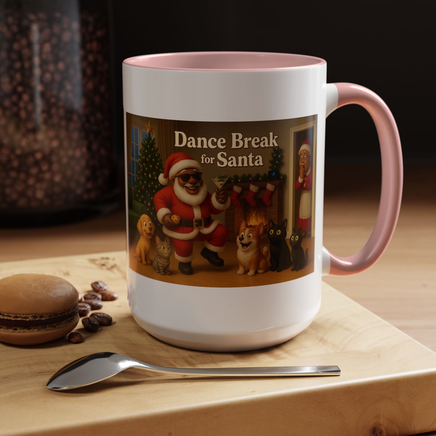 Dance Break for (Blk) Santa Coffee Mug — Festive Christmas Santa & Dogs Holiday Mug (15oz)