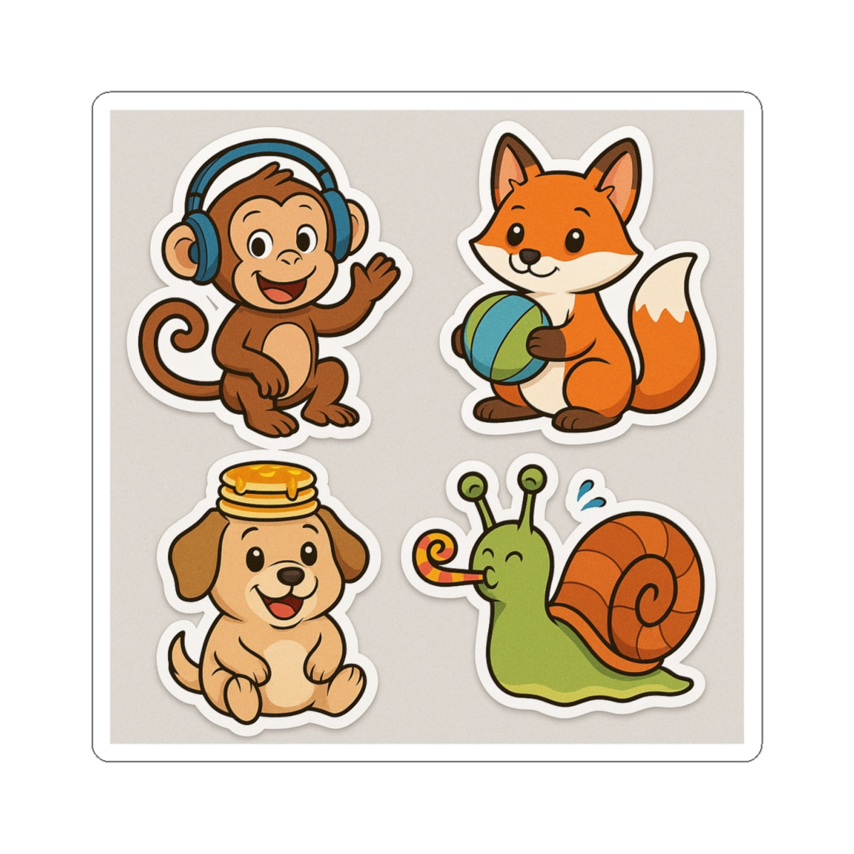 Playful Animal Sticker Set – Monkey, Fox, Dog & Snail | Cute Cartoon Stickers for Kids- Fun Desktop Decor - Chubby Little Cheeks Co.
