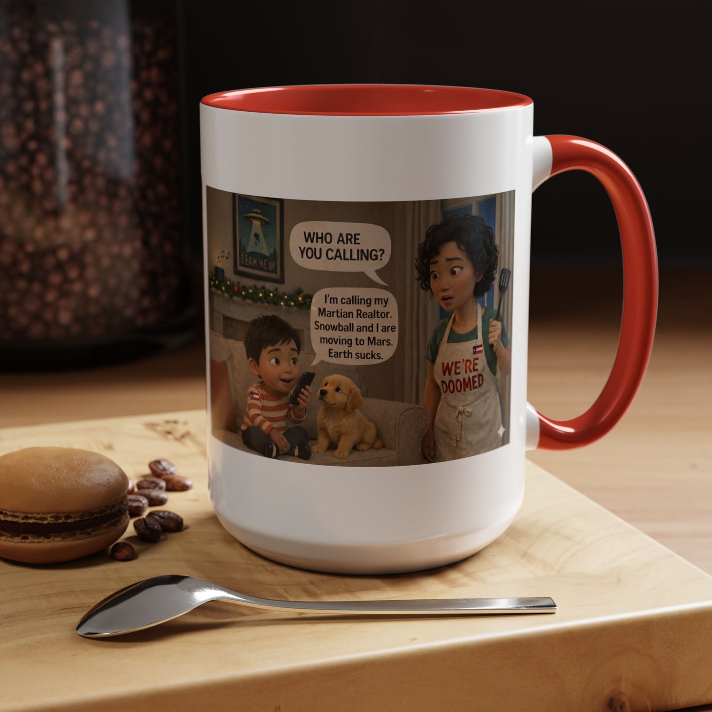 Dog Accent Coffee Mug — 'We're Doomed' Funny Asian Mom and Son Cartoon Coffee Mug (15oz) - Chubby Little Cheeks Co.
