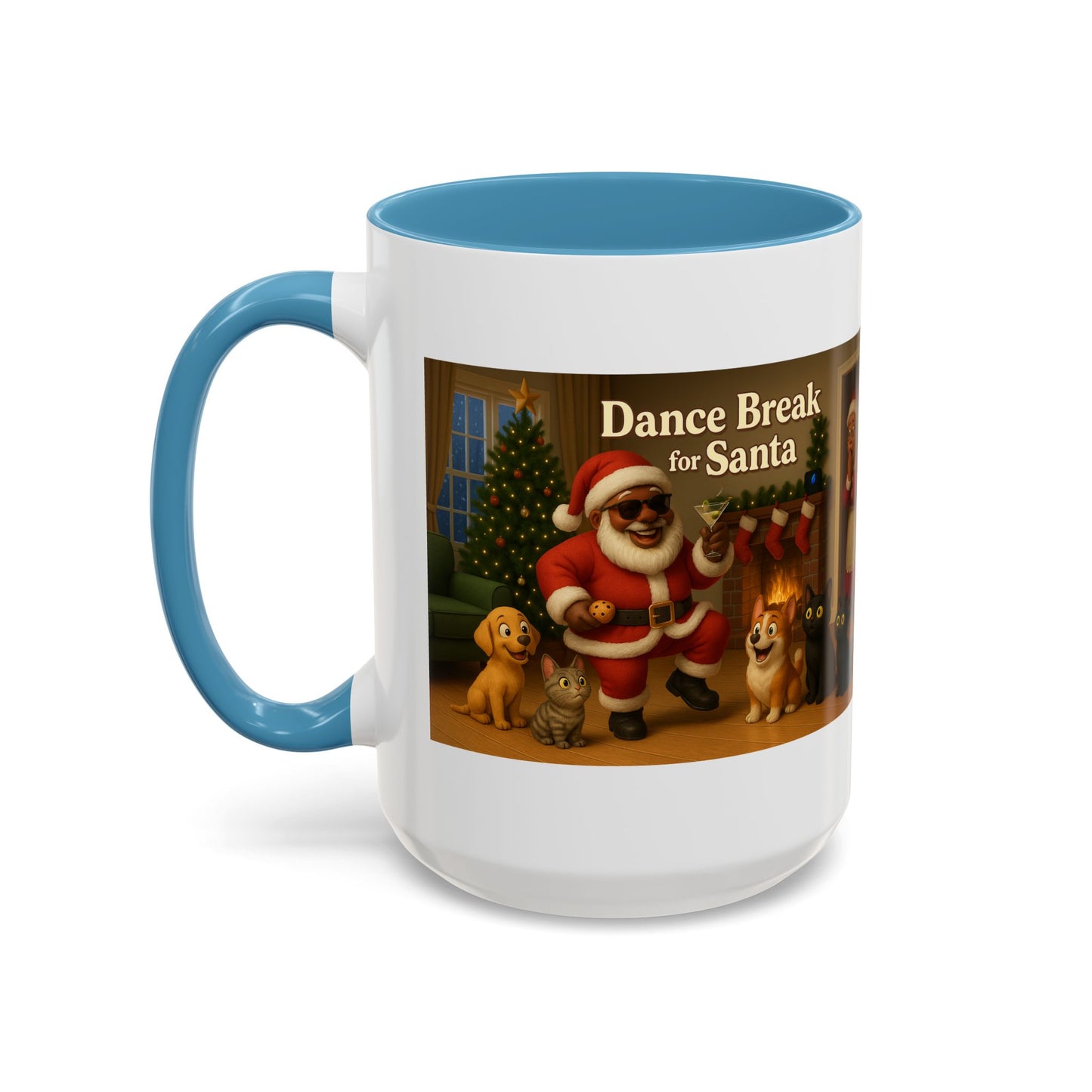 Dance Break for (Blk) Santa Coffee Mug — Festive Christmas Santa & Dogs Holiday Mug (15oz)
