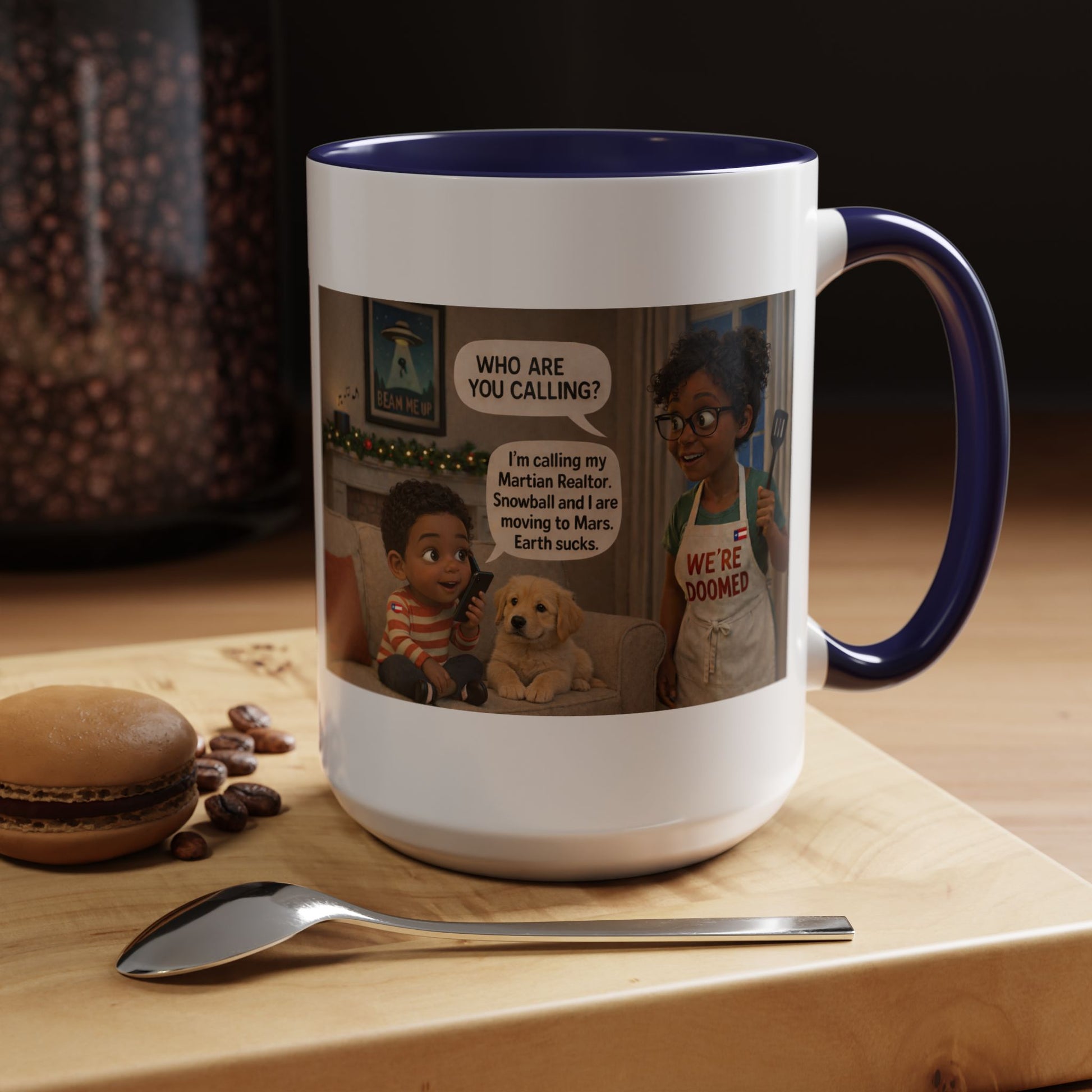 Dog Accent Coffee Mug – 'We're Doomed' Funny Cartoon Black Mom and Son Accent Mug (15 oz) - Chubby Little Cheeks Co.