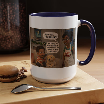 Dog Accent Coffee Mug – 'We're Doomed' Funny Cartoon Black Mom and Son Accent Mug (15 oz) - Chubby Little Cheeks Co.