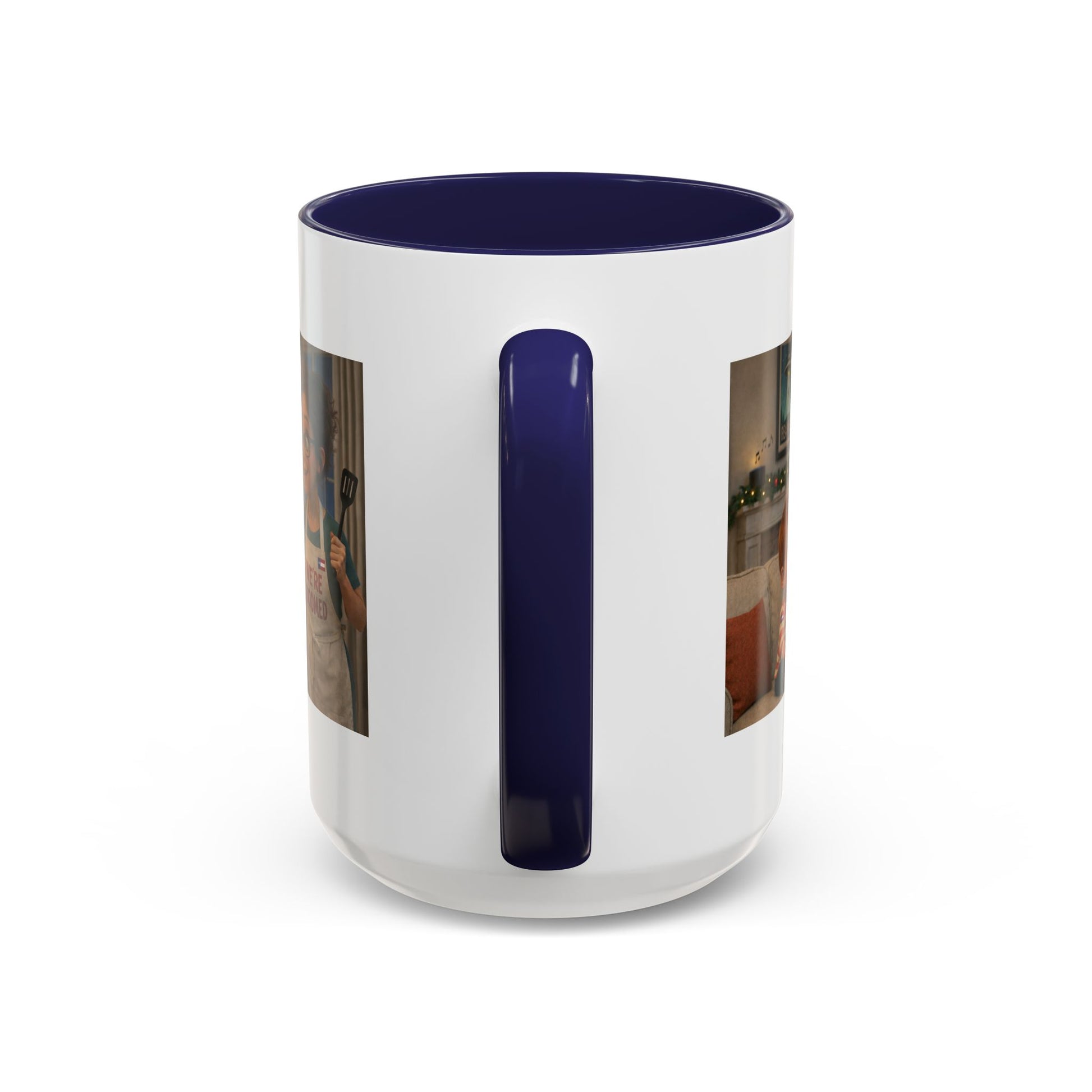 Dog Accent Coffee Mug —Funny Cartoon 'We're Doomed' White Mom and Son (15oz) - Chubby Little Cheeks Co.