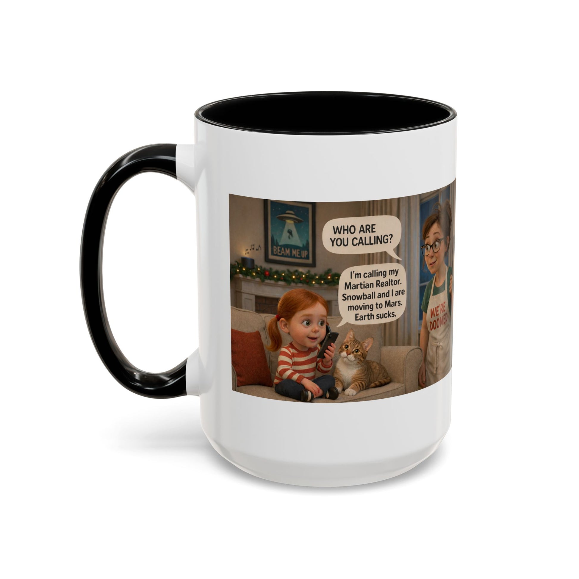 Cat Accent Coffee Mug — Funny 'We're Doomed' Funny White Mom and Daughter Cartoon - Chubby Little Cheeks Co.