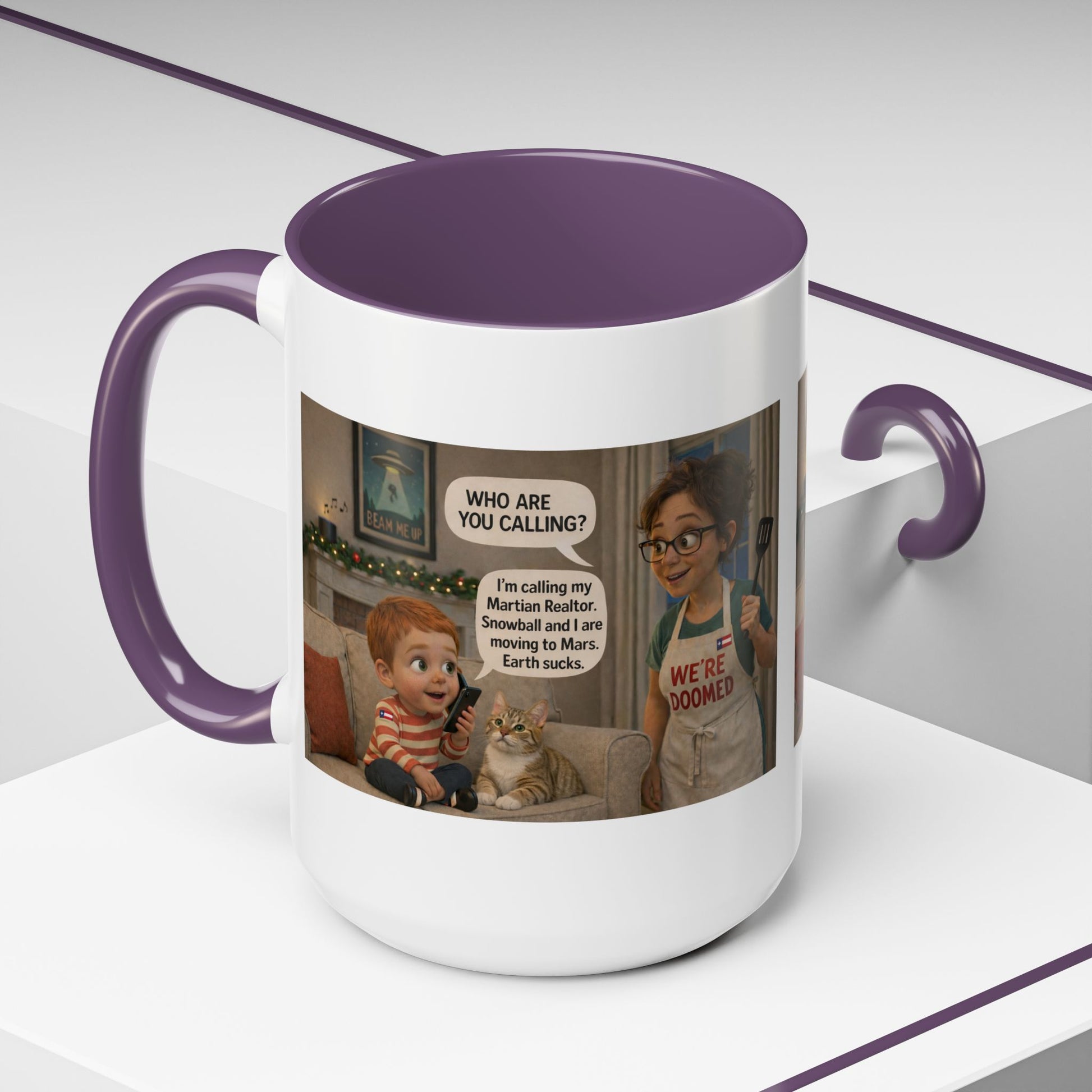 Cat Accent Coffee Mug — Funny White Mom and Son Cartoon "We're Doomed" Coffee Mug - Chubby Little Cheeks Co.