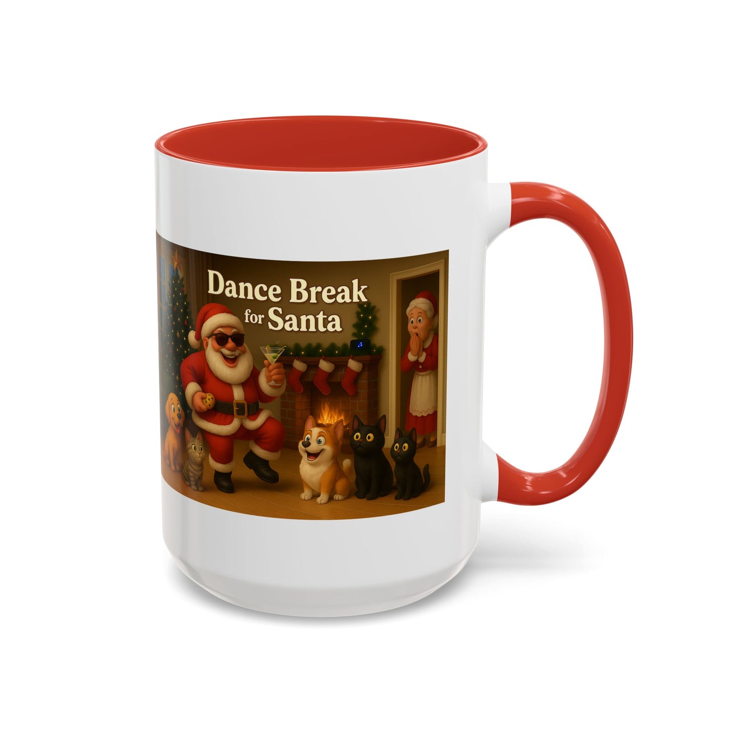 Dance Break for(classic) Santa Coffee Mug — Festive Christmas Santa & Pets Accent Mug (15oz)