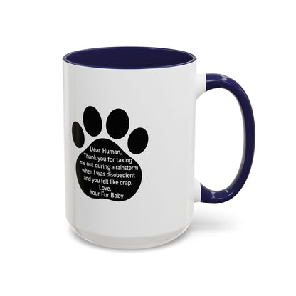 "Dear Human" Pet Humor Accent Mug- Paw Print Coffee Mug —-  15oz