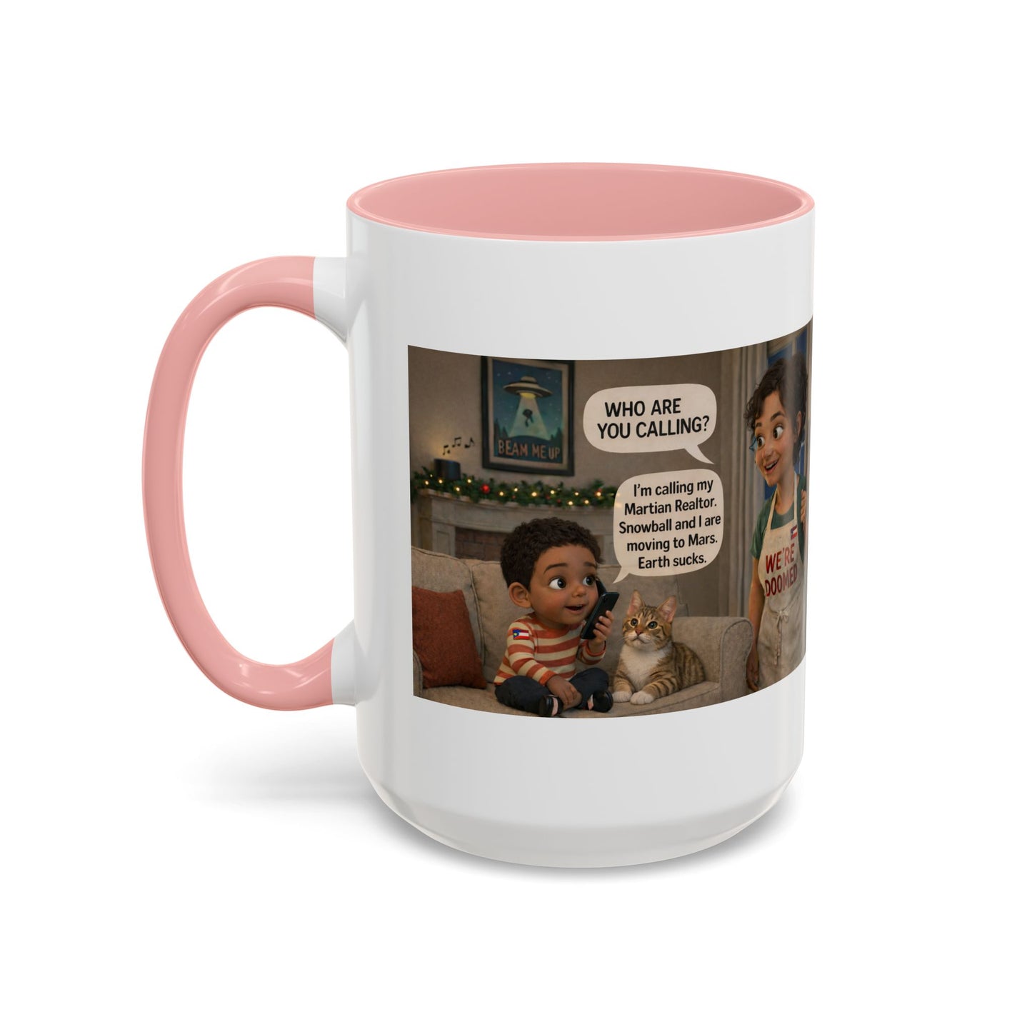 Cat Accent Coffee Mug — Funny Latin Mom and Son ‘We’re Doomed’ Illustration (15oz) - Chubby Little Cheeks Co.