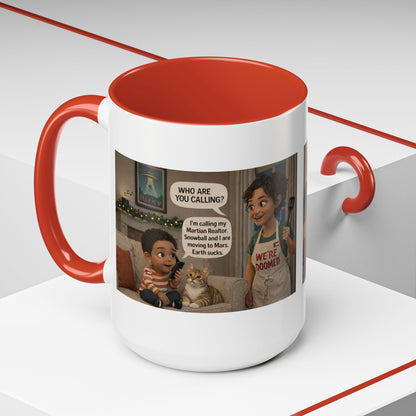 Cat Accent Coffee Mug — Funny Latin Mom and Son ‘We’re Doomed’ Illustration (15oz) - Chubby Little Cheeks Co.