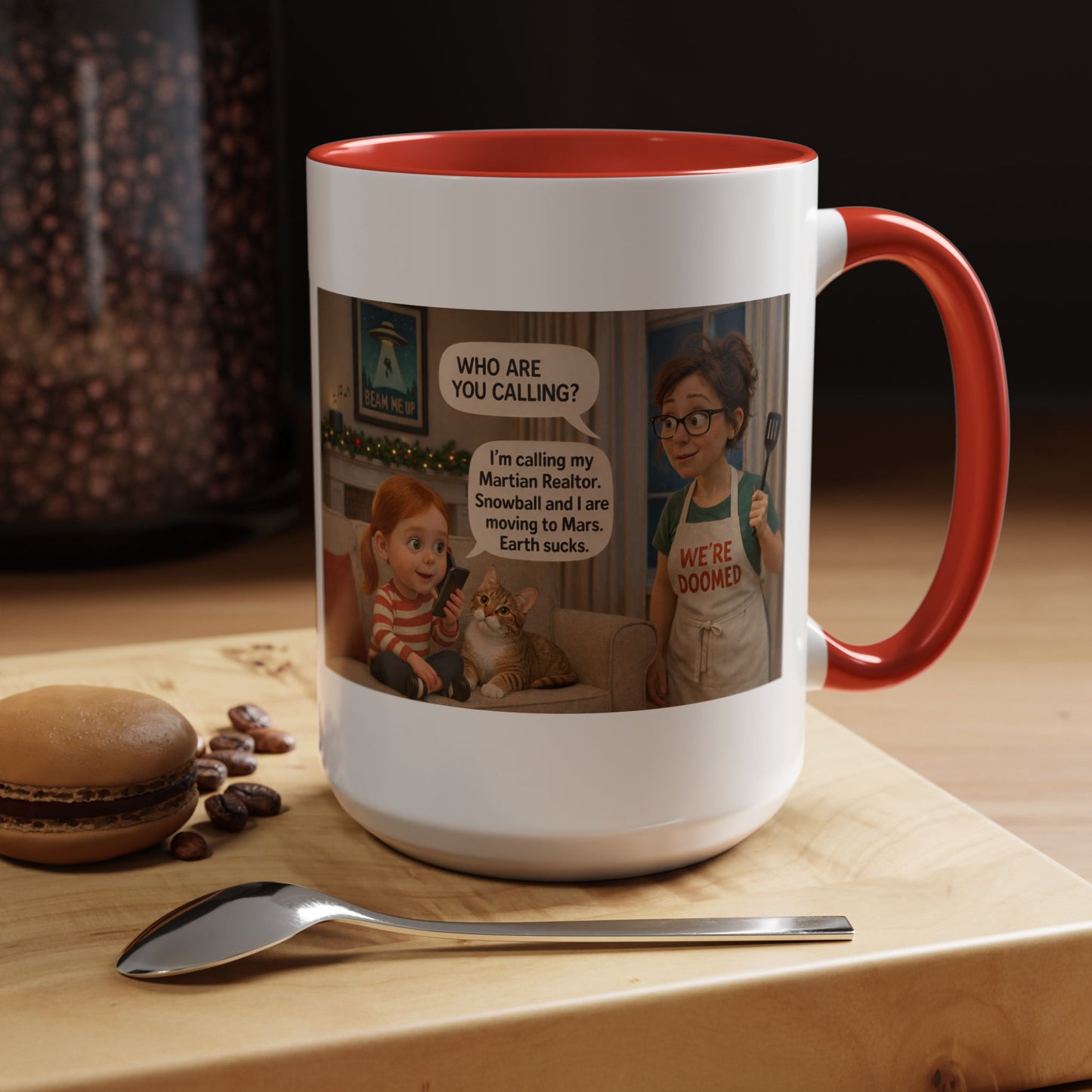 Cat Accent Coffee Mug — Funny 'We're Doomed' Funny White Mom and Daughter Cartoon - Chubby Little Cheeks Co.