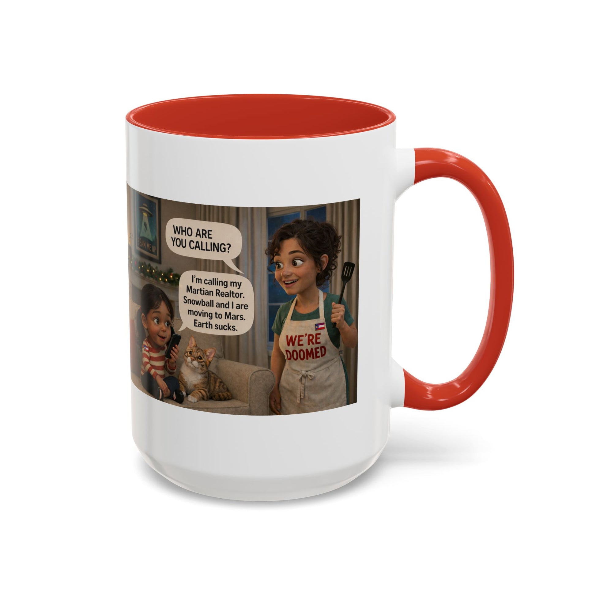 Cat Accent Coffee Mug — 'We're Doomed' Animated Latin Mom and Daughter Comic Accent Mug (15oz) - Chubby Little Cheeks Co.