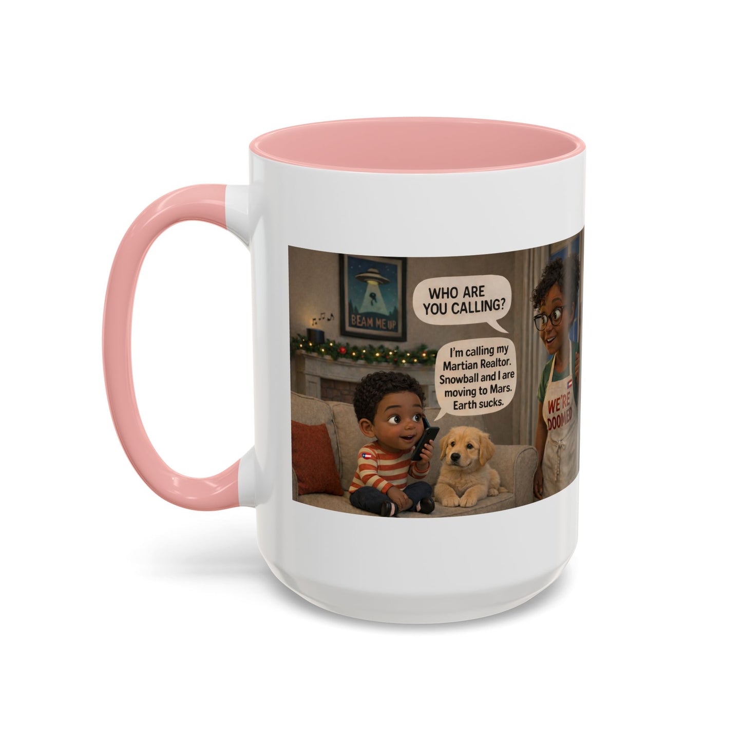 Dog Accent Coffee Mug – 'We're Doomed' Funny Cartoon Black Mom and Son Accent Mug (15 oz) - Chubby Little Cheeks Co.