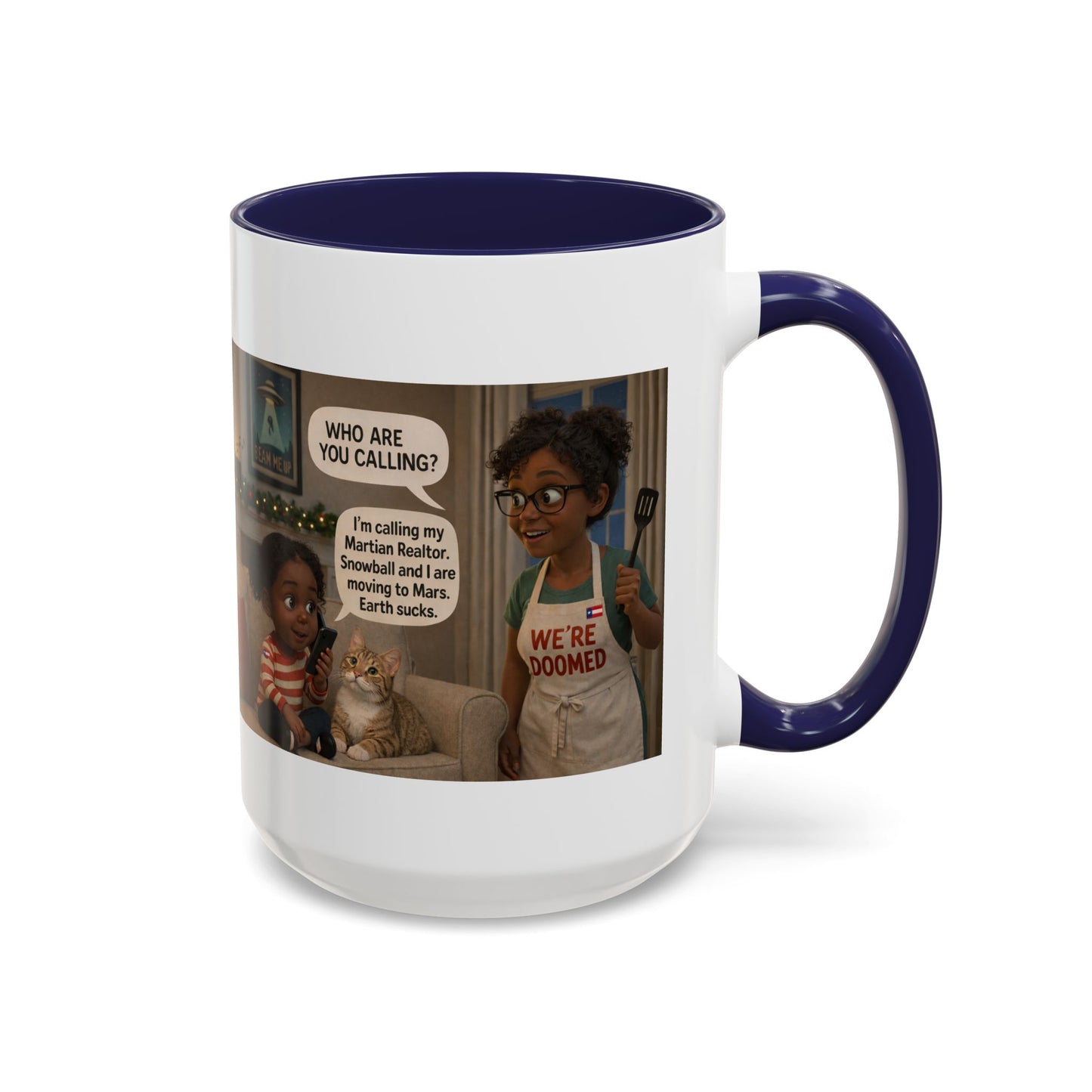 Cat Accent Coffee Mug – “We’re Doomed” Funny Black Mom and Daughter Accent Mug (15 oz) - Chubby Little Cheeks Co.
