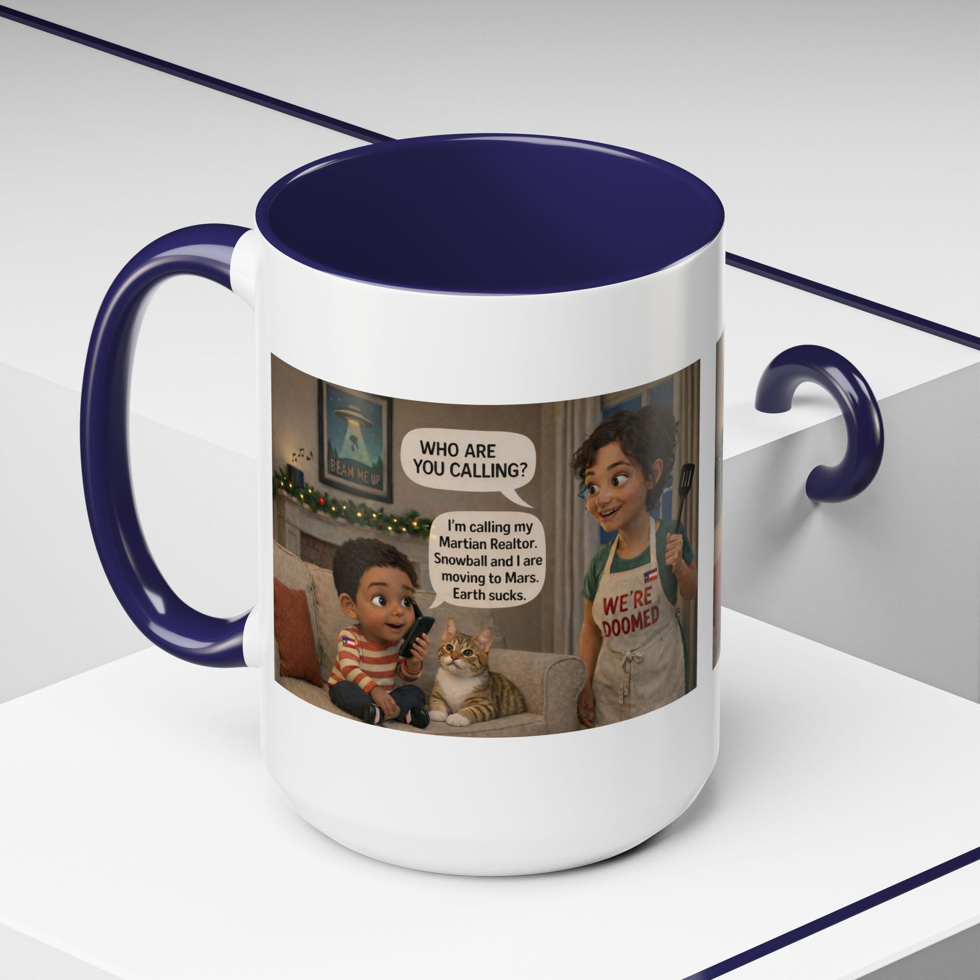 Cat Accent Coffee Mug — Funny Latin Mom and Son ‘We’re Doomed’ Illustration (15oz) - Chubby Little Cheeks Co.