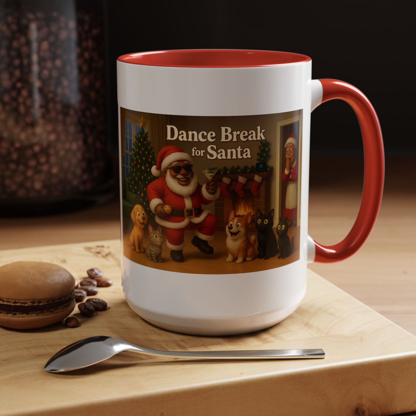 Dance Break for (Blk) Santa Coffee Mug — Festive Christmas Santa & Dogs Holiday Mug (15oz)