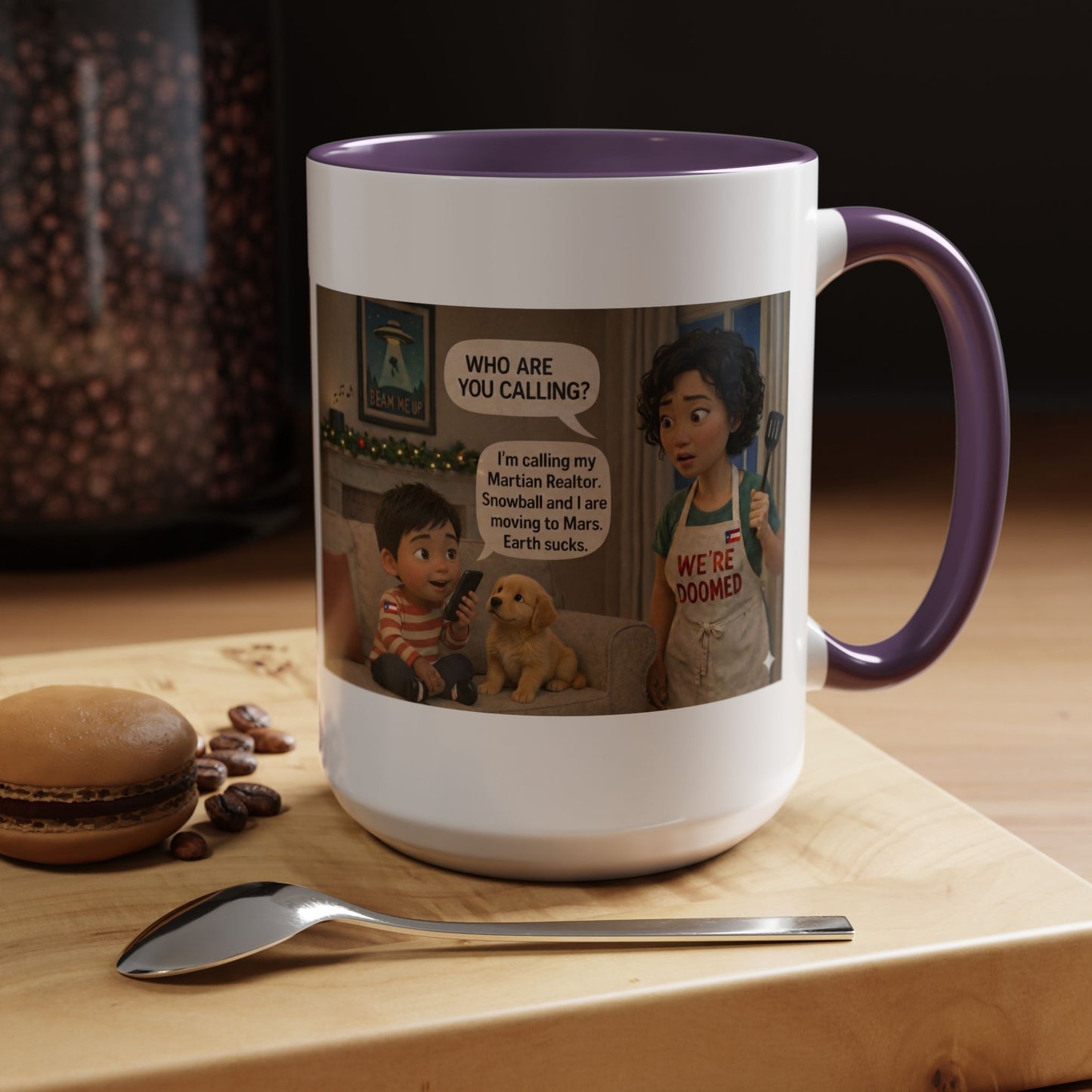 Dog Accent Coffee Mug — 'We're Doomed' Funny Asian Mom and Son Cartoon Coffee Mug (15oz) - Chubby Little Cheeks Co.
