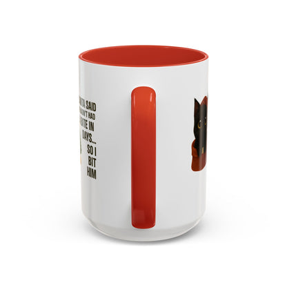 Black Short Hair Kitten Christmas Mug – “Santa Said He Hadn’t Had a Bite in Days… So I Bit Him”