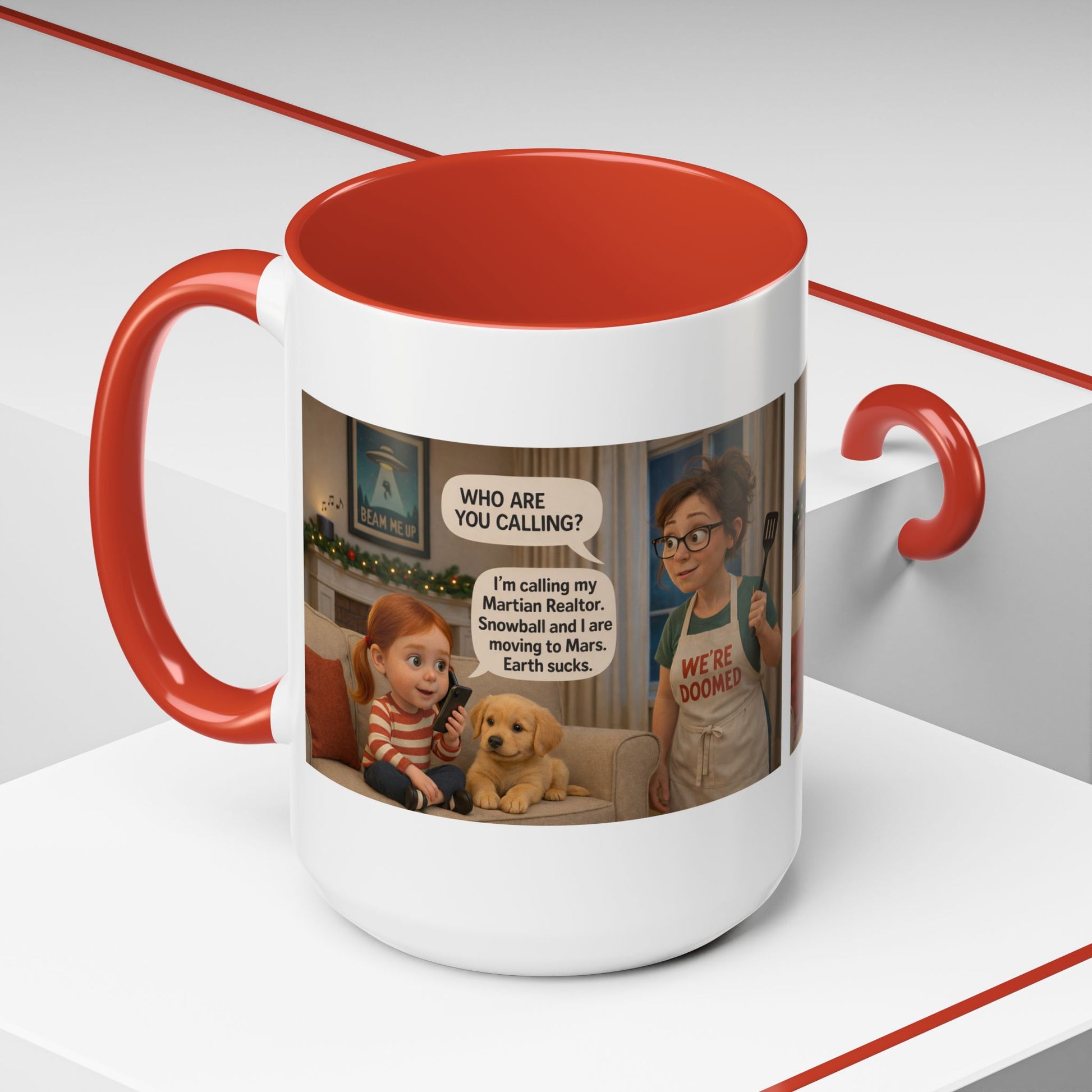 Dog Accent Coffee Mug — Funny "We're Doomed" Cartoon White Mom and Daughter Coffee Cup (15oz) - Chubby Little Cheeks Co.