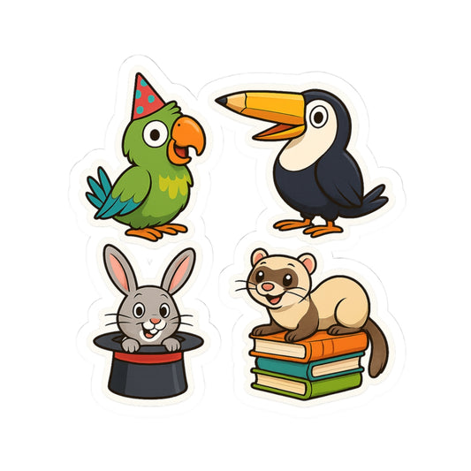 Whimsical Animal Sticker Set – Parrot, Toucan, Bunny & Ferret | Fun Cartoon Stickers for Kids