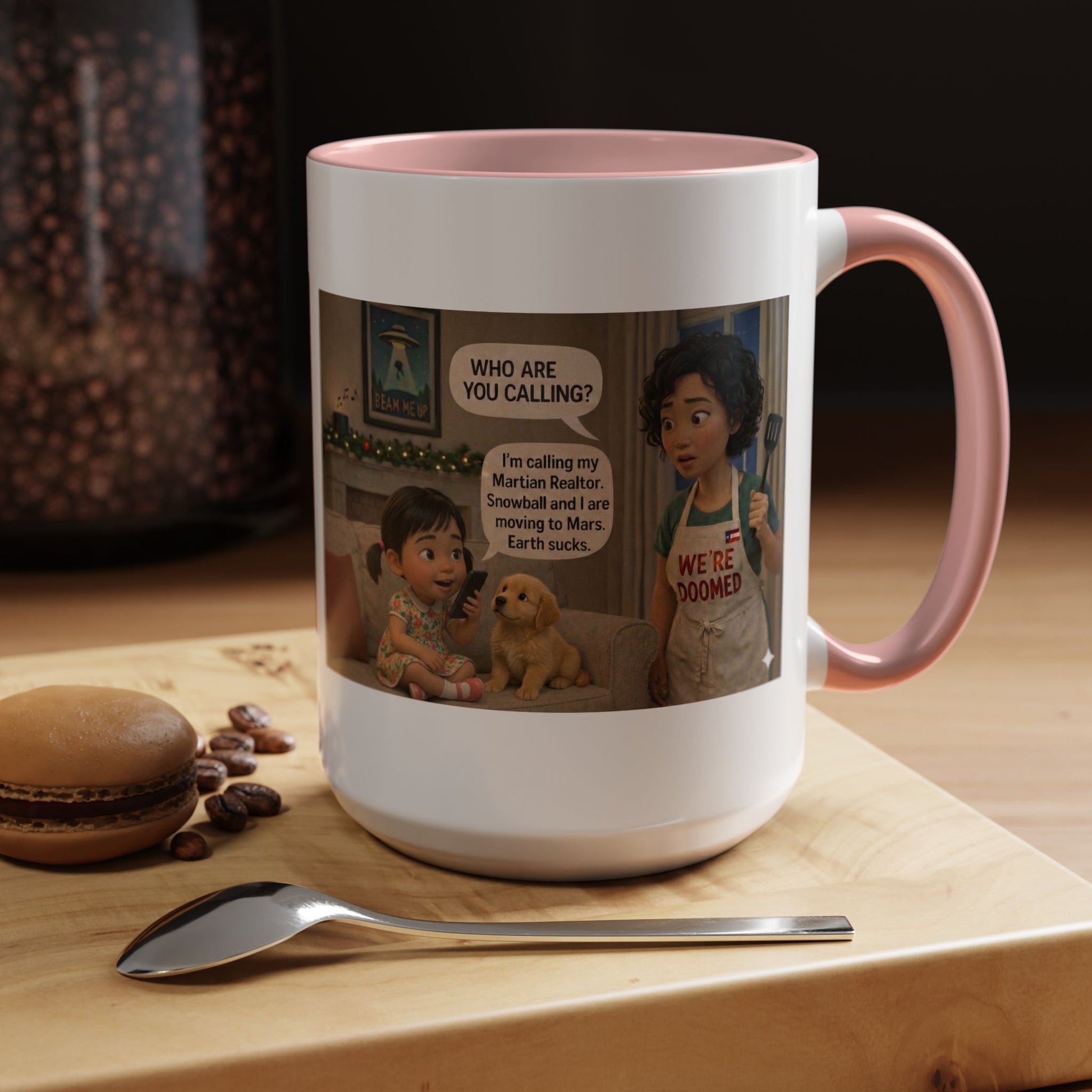 Dog Accent Coffee Mug — 'We're Doomed' Funny Asian Mom and Daughter Cartoon Coffee Mug (15oz) - Chubby Little Cheeks Co.