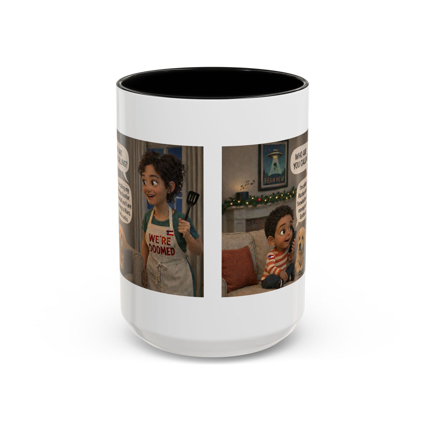 Dog Accent Coffee Mug — 'We're Doomed' Funny Latin Mom and Son Cartoon Accent Mug (15oz) - Chubby Little Cheeks Co.