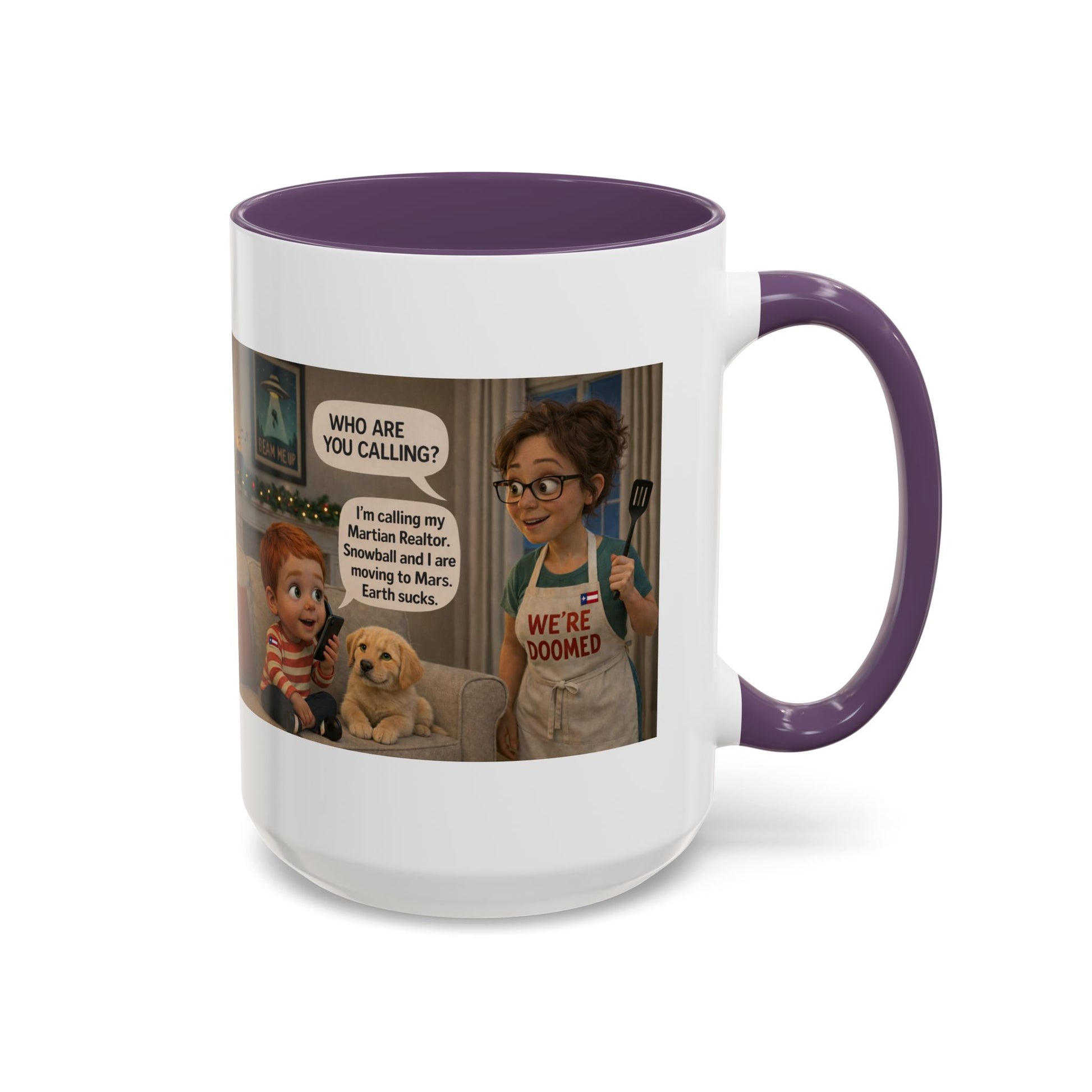Dog Accent Coffee Mug —Funny Cartoon 'We're Doomed' White Mom and Son (15oz) - Chubby Little Cheeks Co.