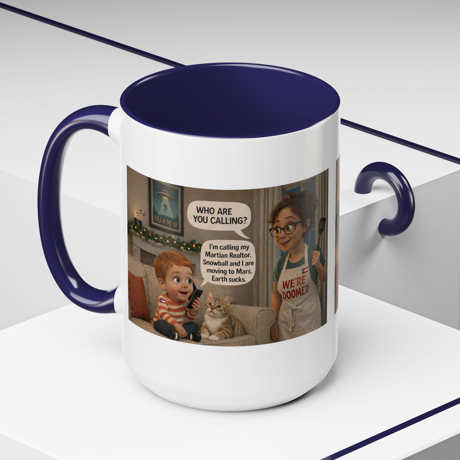 Cat Accent Coffee Mug — Funny White Mom and Son Cartoon "We're Doomed" Coffee Mug - Chubby Little Cheeks Co.