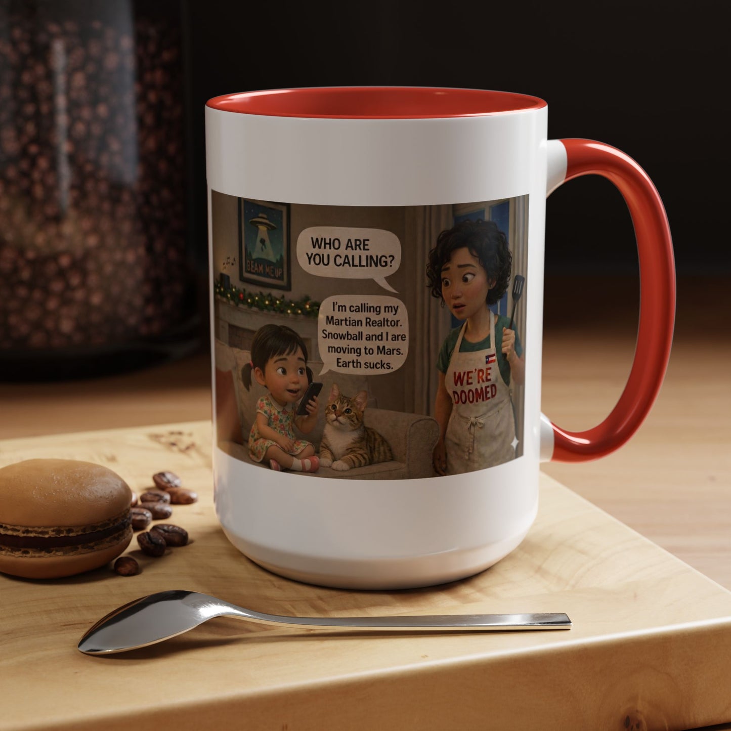 Cat Accent Coffee Mug — 'We're Doomed' Funny Asian Mom and Daughter Cartoon Coffee Mug-Girl (15oz) - Chubby Little Cheeks Co.