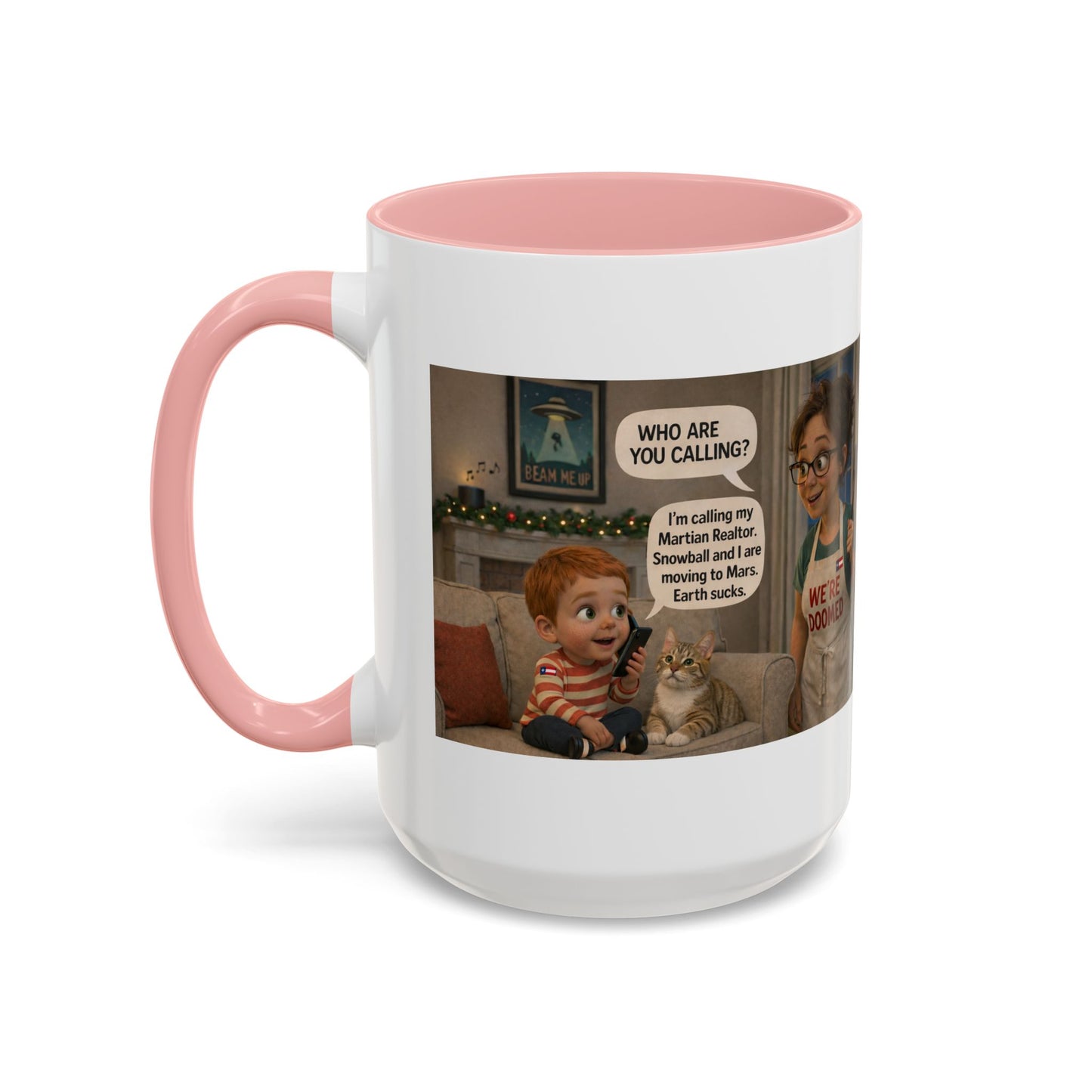 Cat Accent Coffee Mug — Funny White Mom and Son Cartoon "We're Doomed" Coffee Mug - Chubby Little Cheeks Co.
