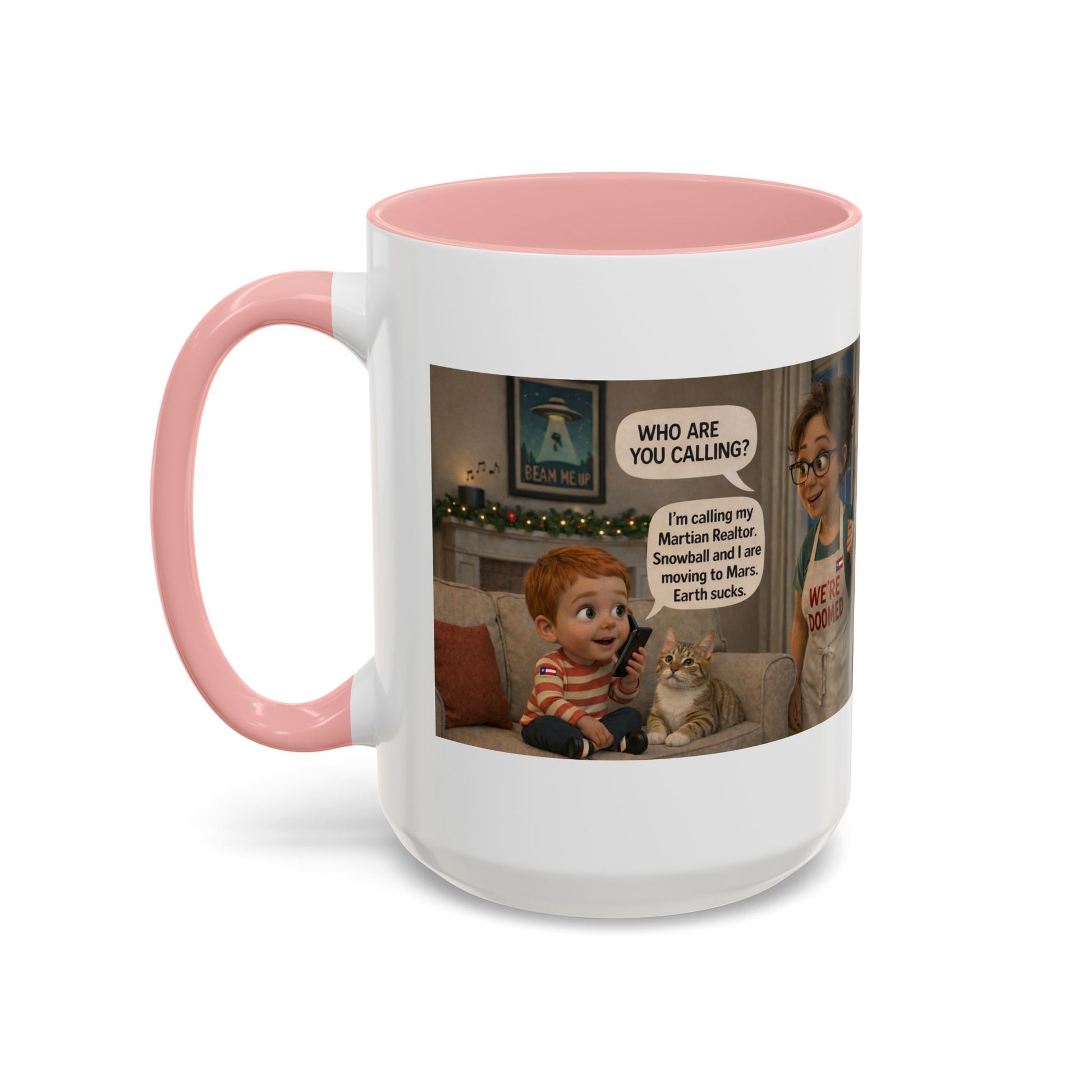 Cat Accent Coffee Mug — Funny White Mom and Son Cartoon "We're Doomed" Coffee Mug - Chubby Little Cheeks Co.