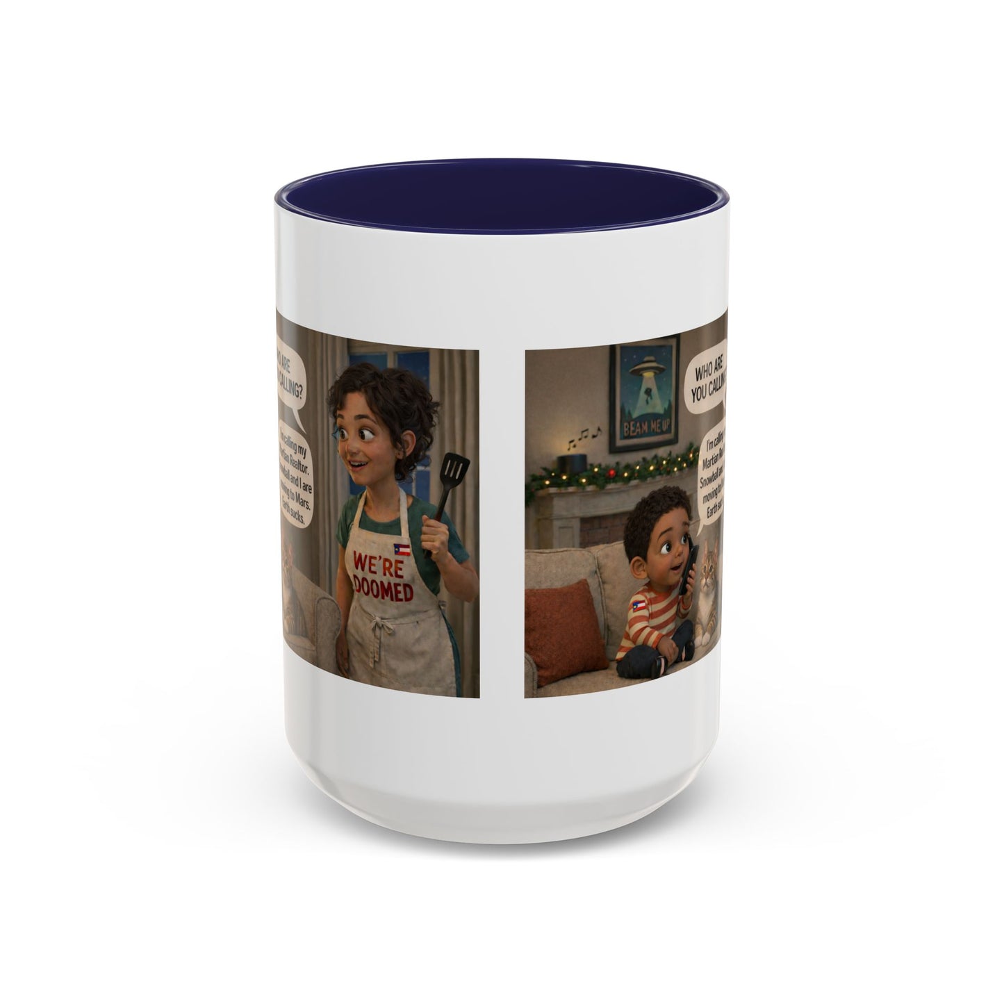 Cat Accent Coffee Mug — Funny Latin Mom and Son ‘We’re Doomed’ Illustration (15oz) - Chubby Little Cheeks Co.