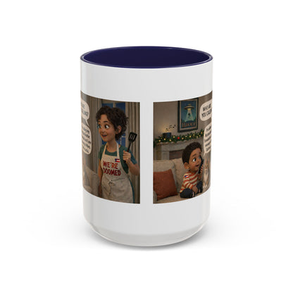 Cat Accent Coffee Mug — Funny Latin Mom and Son ‘We’re Doomed’ Illustration (15oz) - Chubby Little Cheeks Co.