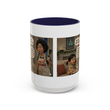 Cat Accent Coffee Mug — 'We're Doomed' Funny Asian Mom and Daughter Cartoon Coffee Mug-Girl (15oz) - Chubby Little Cheeks Co.