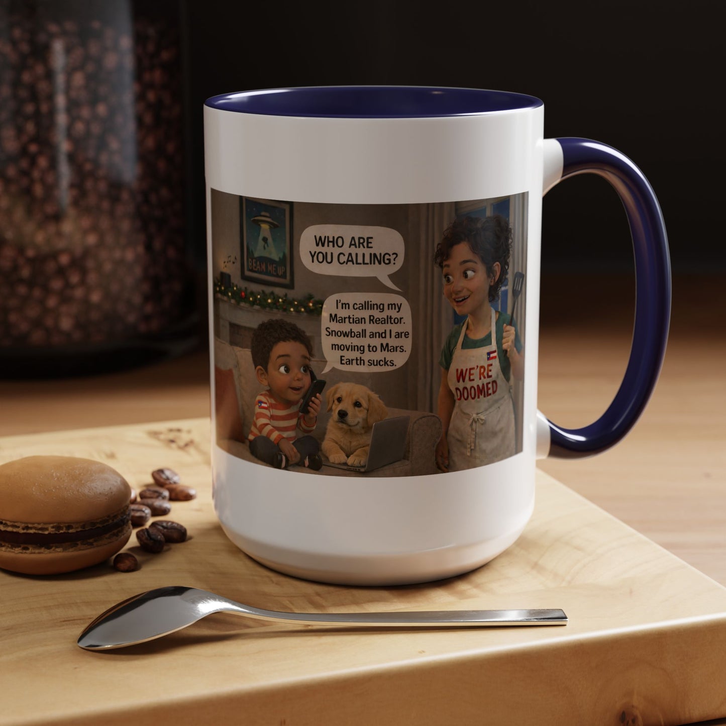 Dog Accent Coffee Mug — 'We're Doomed' Funny Latin Mom and Son Cartoon Accent Mug (15oz) - Chubby Little Cheeks Co.