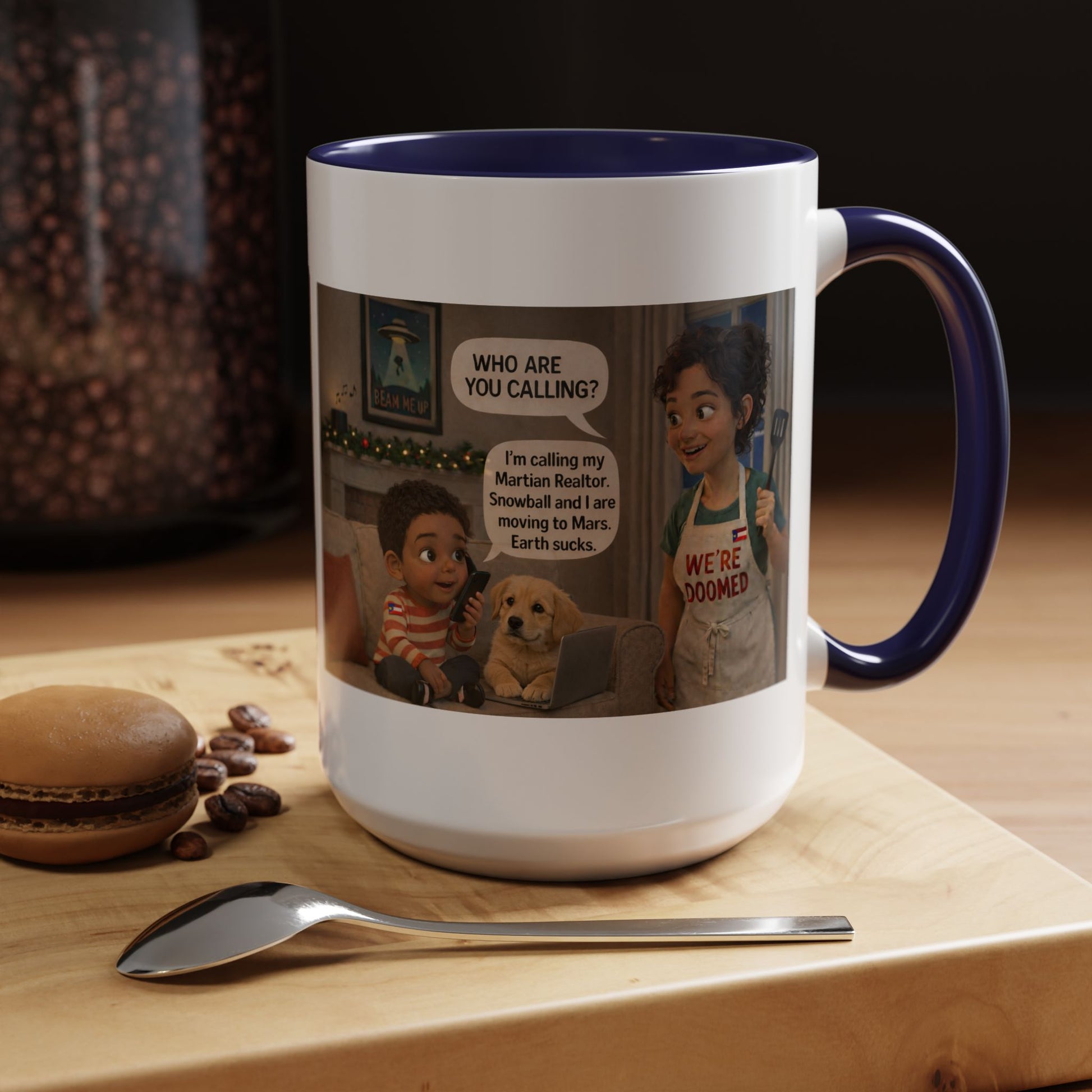 Dog Accent Coffee Mug — 'We're Doomed' Funny Latin Mom and Son Cartoon Accent Mug (15oz) - Chubby Little Cheeks Co.