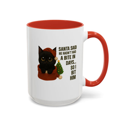 Black Short Hair Kitten Christmas Mug – “Santa Said He Hadn’t Had a Bite in Days… So I Bit Him”