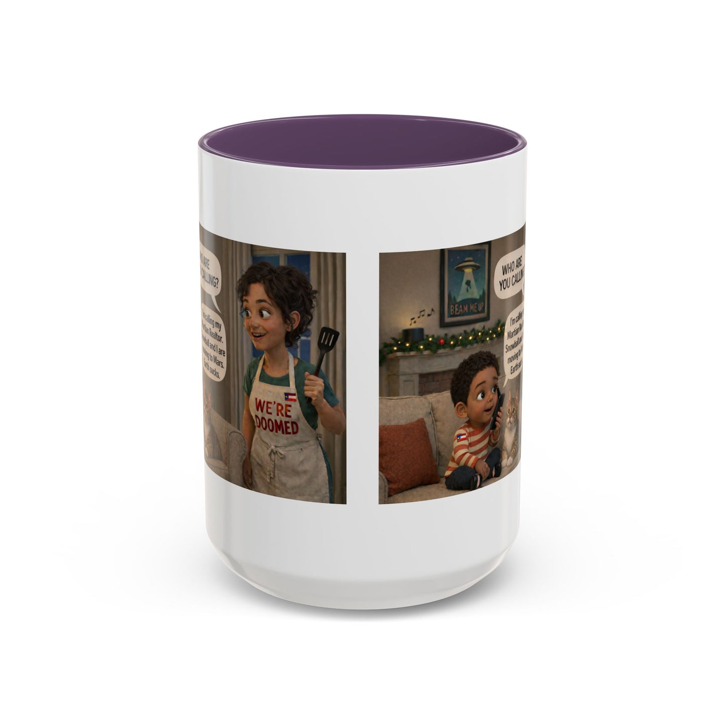 Cat Accent Coffee Mug — Funny Latin Mom and Son ‘We’re Doomed’ Illustration (15oz) - Chubby Little Cheeks Co.