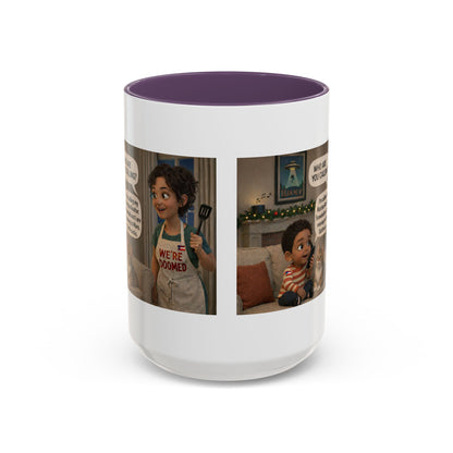 Cat Accent Coffee Mug — Funny Latin Mom and Son ‘We’re Doomed’ Illustration (15oz) - Chubby Little Cheeks Co.