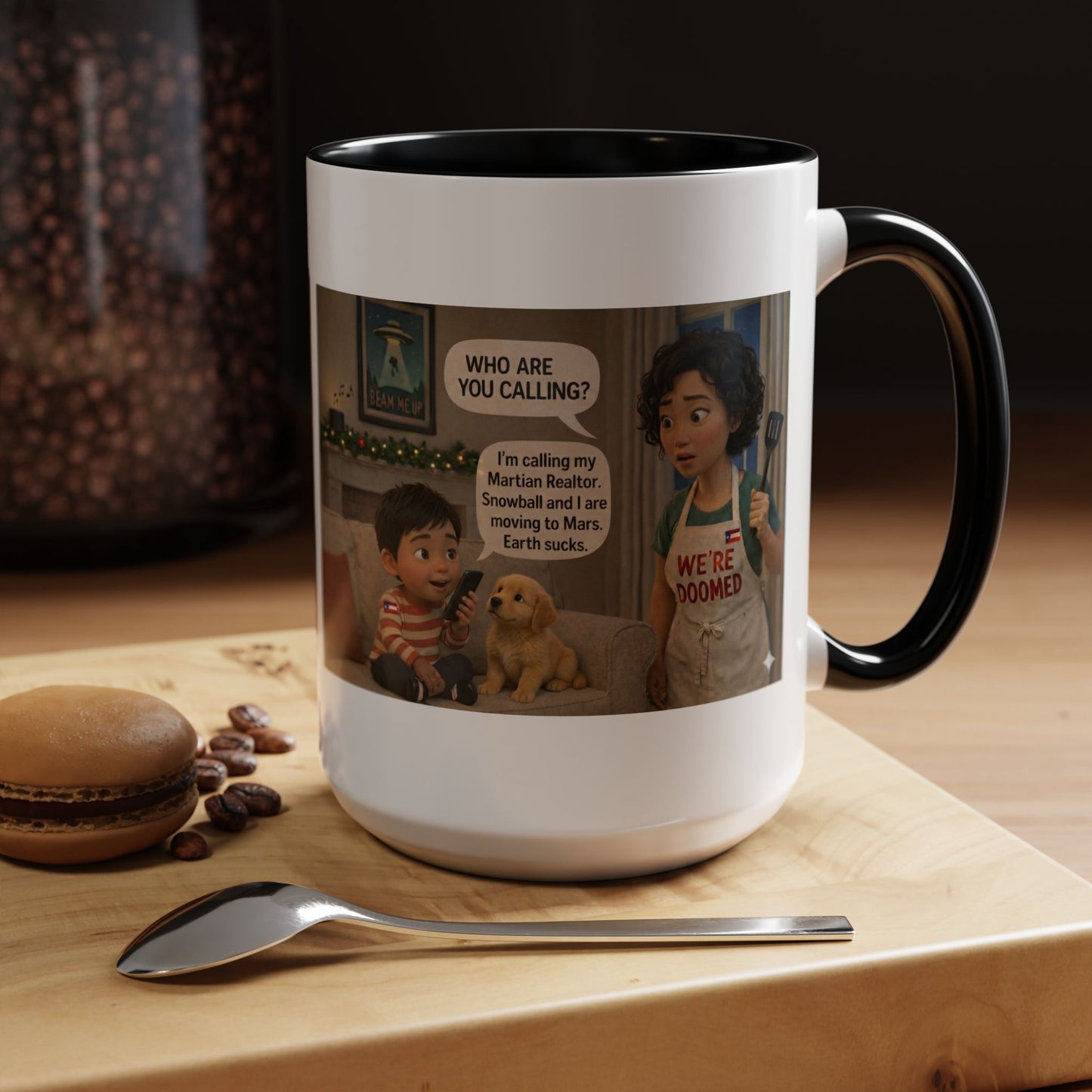 Dog Accent Coffee Mug — 'We're Doomed' Funny Asian Mom and Son Cartoon Coffee Mug (15oz) - Chubby Little Cheeks Co.