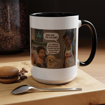 Dog Accent Coffee Mug – 'We're Doomed' Funny Cartoon Black Mom and Son Accent Mug (15 oz) - Chubby Little Cheeks Co.