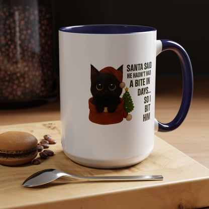 Black Short Hair Kitten Christmas Mug – “Santa Said He Hadn’t Had a Bite in Days… So I Bit Him”