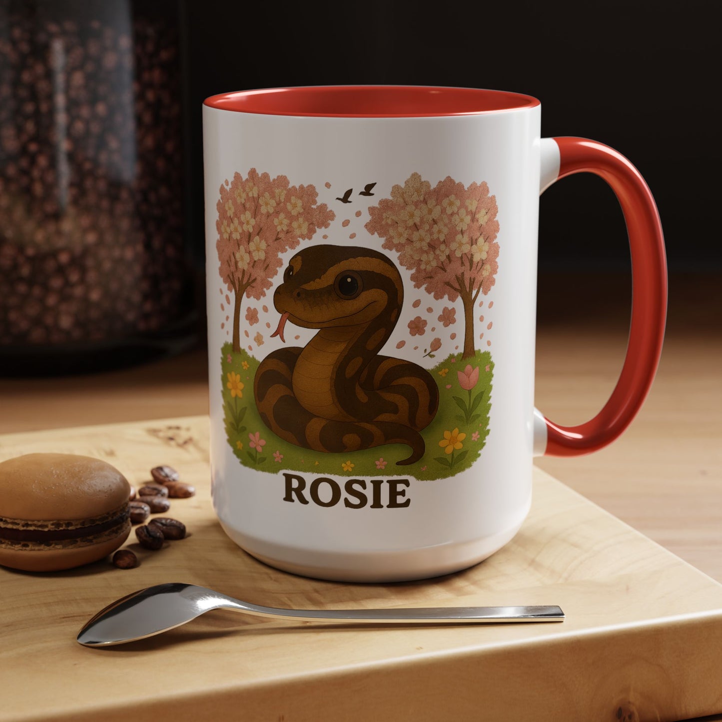Personalized Rosie Snake Accent Coffee Mug — Cute Floral Ball Python Design 15oz)