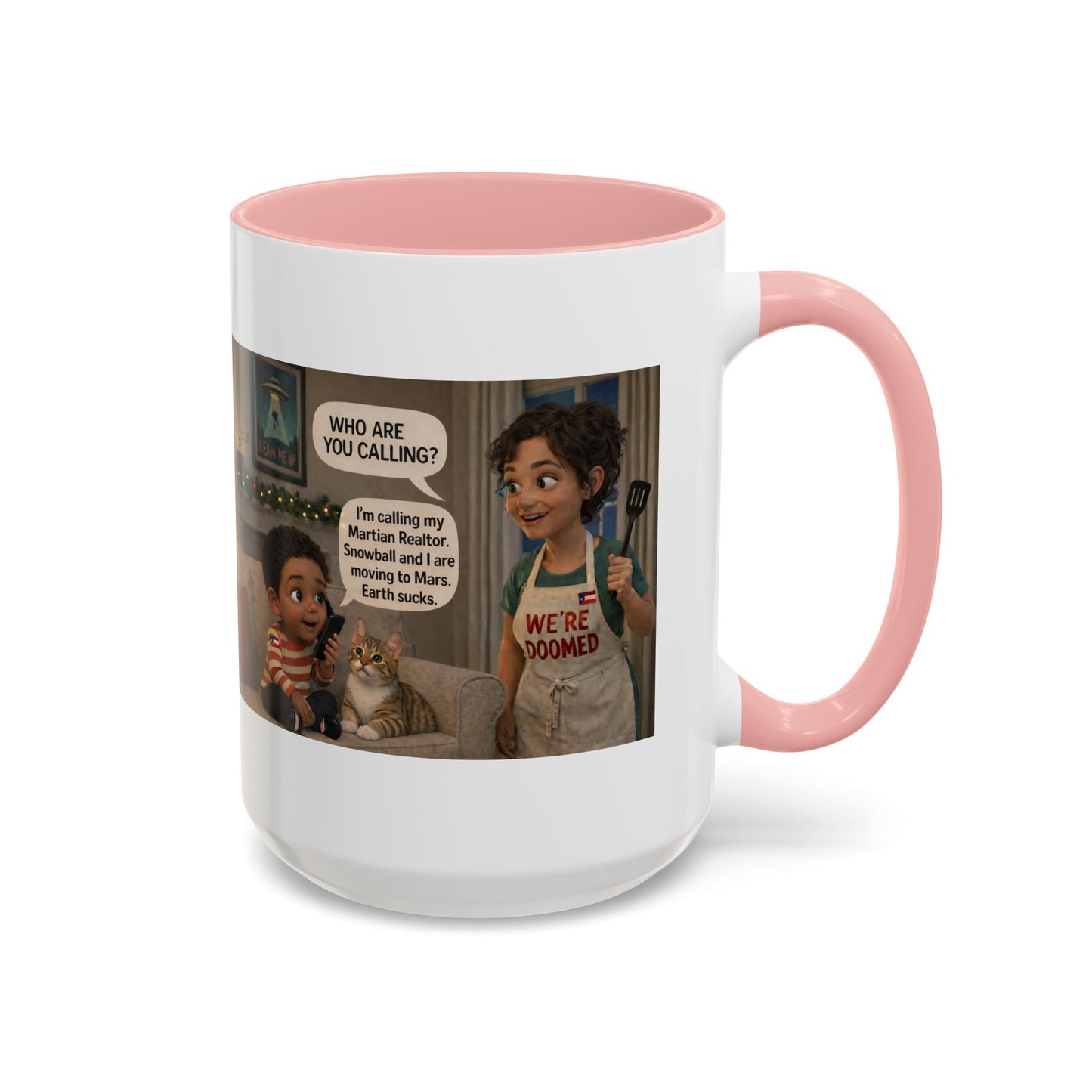 Cat Accent Coffee Mug — Funny Latin Mom and Son ‘We’re Doomed’ Illustration (15oz) - Chubby Little Cheeks Co.