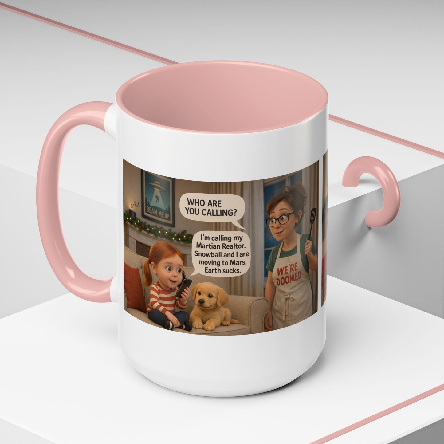 Dog Accent Coffee Mug — Funny "We're Doomed" Cartoon White Mom and Daughter Coffee Cup (15oz) - Chubby Little Cheeks Co.